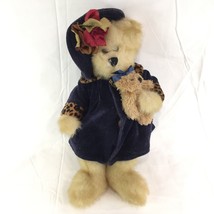 Plush Bear 12&quot; with Floral Hat, Teddy &amp; Cheetah Trim Velvet Coat Stuffed Animal - £8.69 GBP