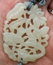 Vintage Translucent Off-White Chinese Sculpted Jade Pendant Pierced Duck Flowers - £39.90 GBP