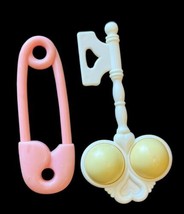Vintage Lot Of 2 Plastic Baby Rattles Toys 1960s Pink Safety Pin Key Teethers - £9.08 GBP