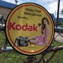 Vintage 1953 Kodak ''Double Your Week-End Fun'' Porcelain Gas & Oil Pump Sign - $125.00