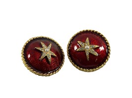 Vintage Large 1.5&quot; Round Clip On Earrings Gold Tone Red Enamel Stars Rhi... - $28.71