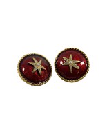 Vintage Large 1.5&quot; Round Clip On Earrings Gold Tone Red Enamel Stars Rhi... - £22.57 GBP