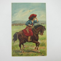 Postcard Western Cowgirl Woman on Horse Red Hat Skirt Pistol Embossed Antique - £7.85 GBP