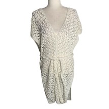 Handmade Loose Knit Cover Up Poncho One Size White V Neck Tie Belt Open ... - £29.33 GBP