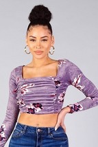 Women&#39;s Lavender Ruched Velvet Floral Back Tie Crop Top (S) - £19.63 GBP