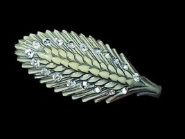 Vintage Celluloid Leaf Brooch Rhinestone Cream Green Thermoplastic Jewelry - $24.25