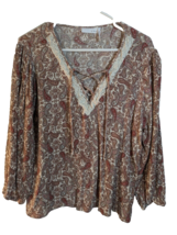 LUQ Paisley Boho Puff Sleeve Rayon Shirt V-neck Crochet Trim Size XL - $7.92