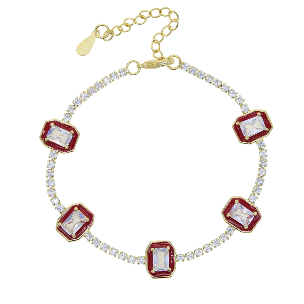 Pastel Pink White Red Enamel Geometric Rectangle Charm Tennis Chain 15+4cm Fashi - £27.31 GBP