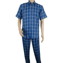 Men INSERCH premium Soft Cool Linen  2pc Walking Leisure suit 7098 Blue Plaid - £117.11 GBP