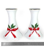 Vintage Christmas Mount Clemens Pottery Set of 2 Ribbon &amp; Holly Candle H... - $13.98