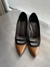 EUC LANVIN Beige Pattern Leather with Black Ribbon Shoes SZ 36.5 Made in Italy - £102.06 GBP