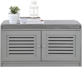 Gray Sturdis Shoe Storage Bench With Cushion Seat, Adjustable Shelves, And - £197.41 GBP
