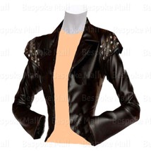 New Woman Silver Studs on Shoulders Brando Cowhide Biker Leather Black J... - $199.99