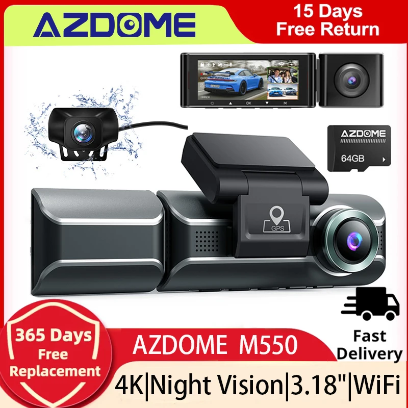 Azdome Dash Cam M550-3CH 4K Car Dvr 3 Cameras 1080 Rear Cam Recording With Gps - £133.51 GBP