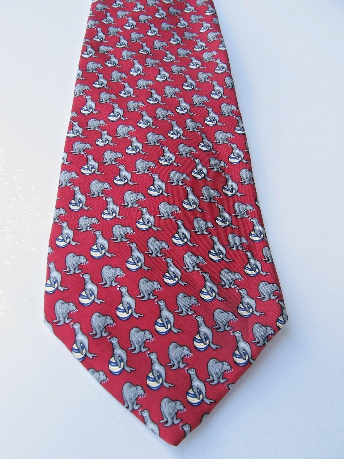 Brooks Basics Pure Silk Tie Red w Seals Made in USA 3 3/4" Wide Imported Fabric - $33.87