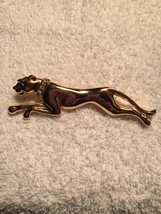 Gold Tone Panther Brooch With Rhinestone Collar Ruby Red Eyes - £7.99 GBP