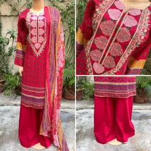 Pakistani Hot Pink Printed Straight Shirt 3-PCS Lawn Suit w/ Threadwork ,M - £44.94 GBP