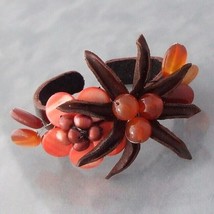 Funky Brown Leather Flower-Carnelian Stone Adjustable Cuff - £20.16 GBP