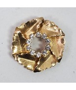Vintage Leaf Circle w/ Rhinestones Brooch Pin 1.5 Inch Gold Tone - $7.00