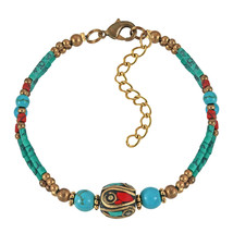 Vibrant Nature Mix Turquoise and Red Coral Stones Double Strand Brass Bracelet - £10.18 GBP