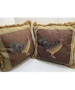 Lot Of Two Vintage tapestry style rooster farmhouse fringe pillow 15 By 16” - £33.40 GBP