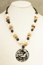 Hawaiiana Jewelry Artisan Beaded Wood Paua Shell Agate Abalone Pendant Necklace - £19.54 GBP