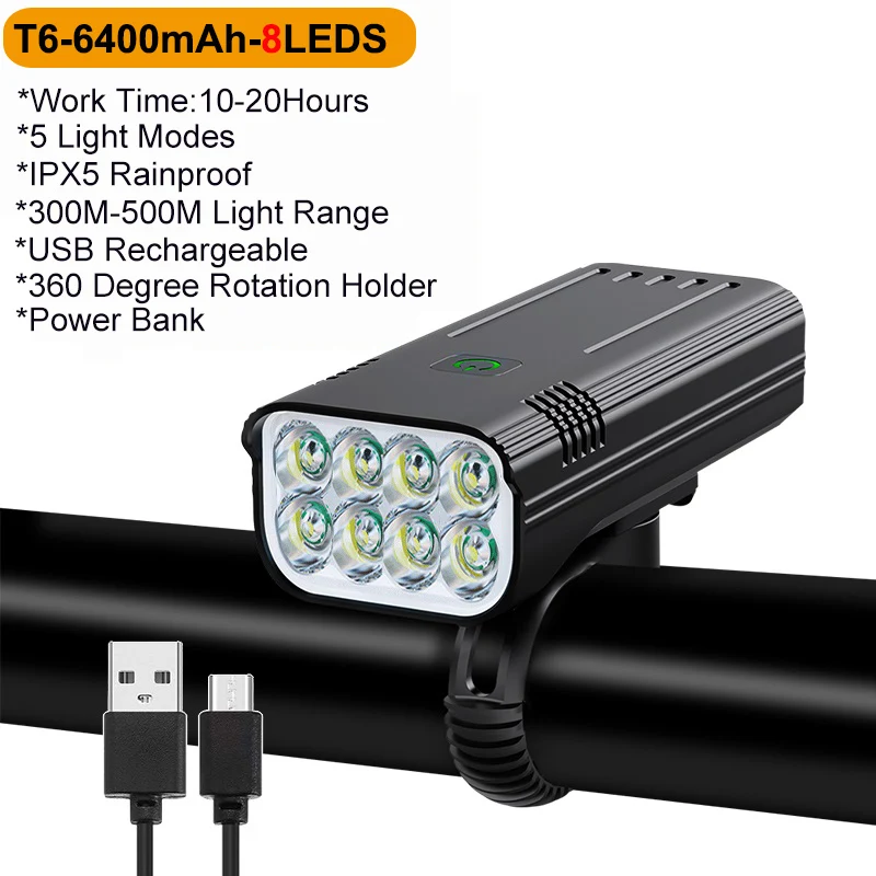10000mAh Bicycle Light Headlight Waterproof USB Rechargeable Bike Light 8*T6 LED - £120.38 GBP