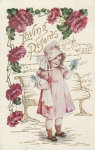 Vintage Postcard Loving Regards Little Girl in Bonnet with Doll Embossed 1910 - £7.93 GBP