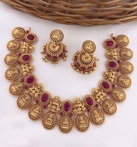 Indian Gold Plated Bollywood Style Choker Necklace Earrings Red Ruby Jewelry Set - £22.84 GBP