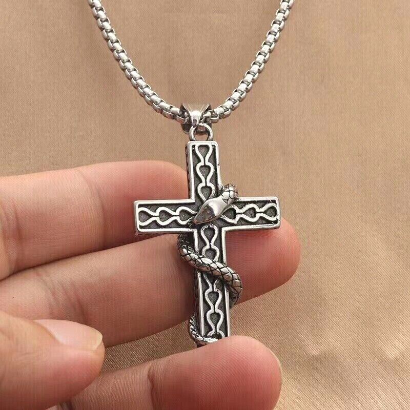 Mens Stainless Steel Gothic Snake Cross Pendant Necklace Punk Retro Jewelry 24" - £7.18 GBP