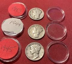 Mercury Dimes - Lot of (3),1943-1944-1945- 90% Silver Mercury Dimes - £19.92 GBP