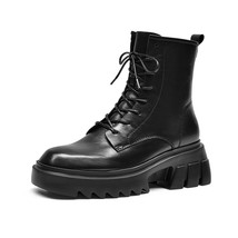 Women Ankle Boots Platform Genuine Calfskin Leather Side Zip Retro Round Toe Lad - £169.02 GBP