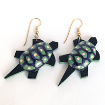 Hand Painted Wood Sea Turtle Earrings Dangle Drop Wooden Statement Jewel... - $9.95