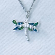 Genuine 925 Sterling Silver Dragonfly Necklace Pendant Green and Blue Enamel - £11.38 GBP