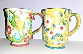 2 Floral Temptations 12 oz. Coffee Tea Mugs Vintage Embossed Tulip Daisies - £27.04 GBP