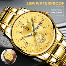 Men&#39;s Gold Watch Stainless Steel Waterproof Quartz Luminous Business Wri... - $25.99