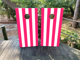 Waterproof Cornhole WRAPS / Hot Pink and White Stripes / Wedding / Lamin... - $85.00