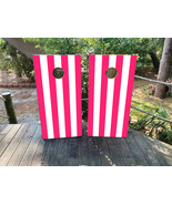 Waterproof Cornhole WRAPS / Hot Pink and White Stripes / Wedding / Lamin... - $115.75 CAD