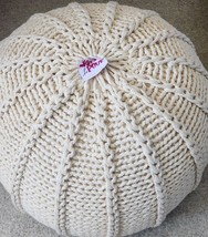 Round Le Pouf Ottoman Hand Knitted Footrest Foot Stool Natural Beige / Off White - £35.96 GBP