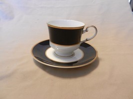 Mikasa Bone China Coffee Cup &amp; Saucer Onyx Pattern Black, White Gold A6700 - $30.00