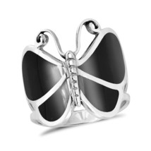 Captivating Butterfly Motif Black Onyx Statement Sterling Silver Ring-10 - £18.57 GBP
