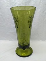 Vintage MCM Green Glass Flower Vase With Grapes On Vines X 9 1/2&quot; - £23.29 GBP