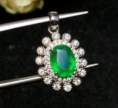 3Ct Oval Cut Lab Created Green Emerald Halo Women Pendant 14K White Gold Plated - £78.46 GBP