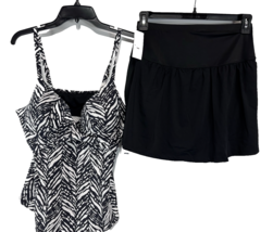LeiLani 2 Pc Tropical Black  White Tankini Swimsuit Swim Skirt NEW SZ 6,... - $31.49