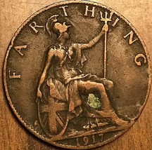 1917 Uk Gb Great Britain Farthing Coin - $2.40