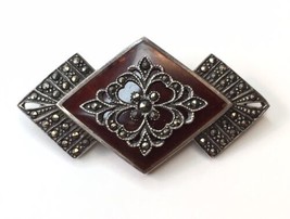 Vintage Sterling Silver &amp; Marcasite  Brooch Pin  Ornate Art Deco Signed R 925 - $59.99