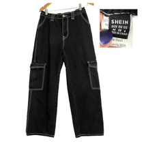 Black Denim High Waisted Cargo Jeans MEDIUM Sz 6 Flap Pocket Whip Stitch - £10.79 GBP