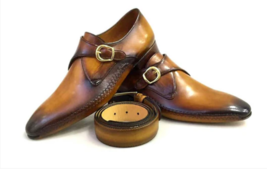 Handmade Luxury Tan Patina Leather Men&#39;s Monk Formal Shoe For Men Free Belt - £125.12 GBP+