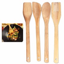 4 Pc Bamboo Cooking Utensil Spoon Spatula Wooden Set Kitchen Mix Non-Sti... - £11.18 GBP