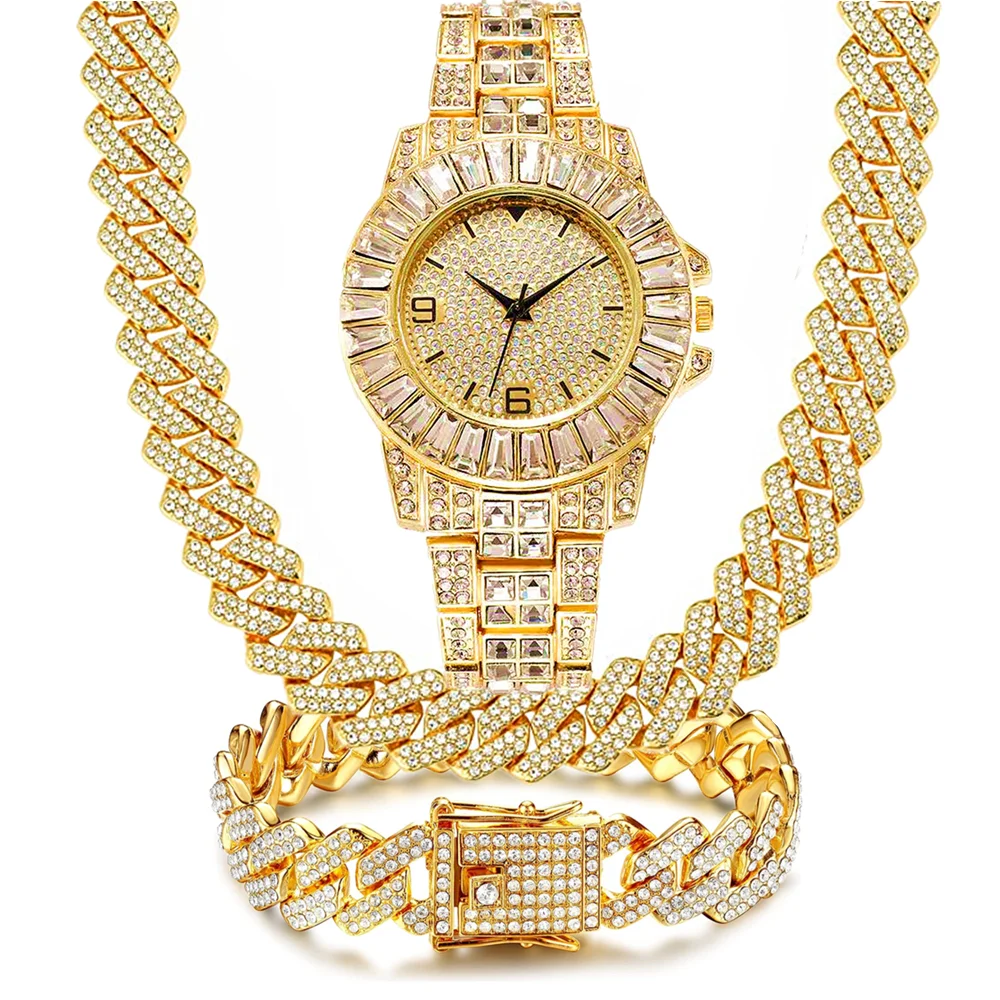 3PC Hip Hop Luxury Watch Necklace Bracelet Jewelry Set for Men Women Bli... - £40.34 GBP